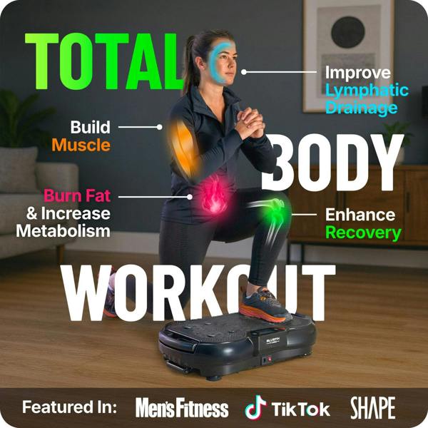 Woman performing a squat on a vibration plate in a home setting, wearing black workout attire.