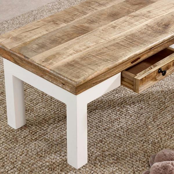 Wyld Haus Alington White and Natural Solid Mango Wood Coffee Table With Drawer