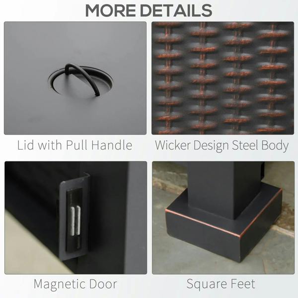 Square propane fire pit table with black lid and pull handle