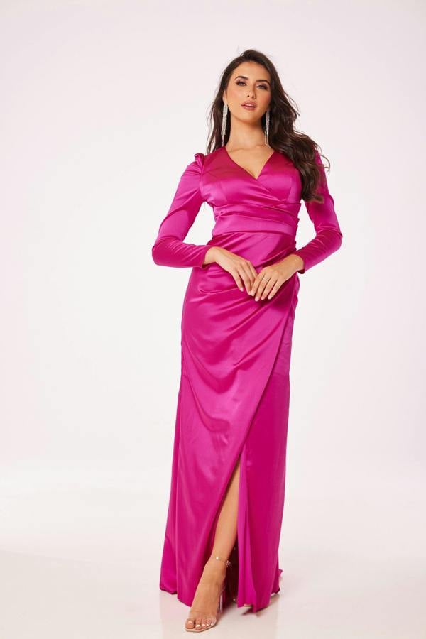 LuvForever Fuschia Long Sleeve Side Slit Maxi Dress