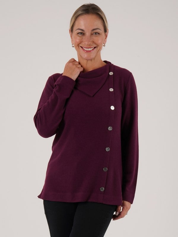 PennyPlain Button Split Cowl Neck Top - Wine