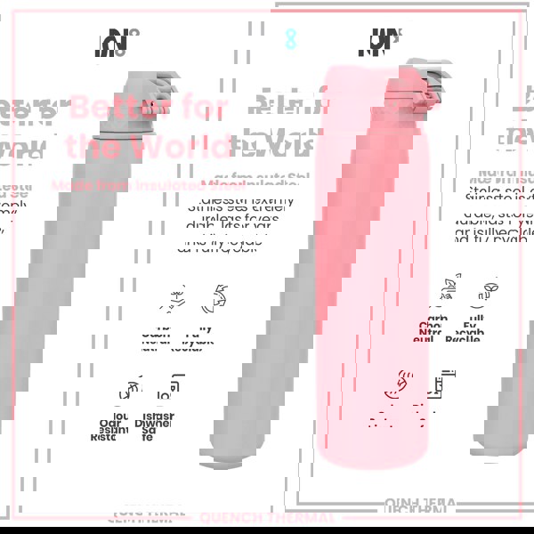 A pink insulated stainless steel water bottle sits against a white background; it is described as carbon neutral, fully recyclable, odour resistant, and dishwasher safe.