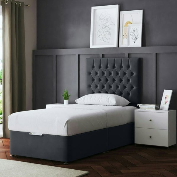 DS Living Seraphine Divan Bed with Upholstered Headboard - Two Drawers - Steel (Grey) - Small Single