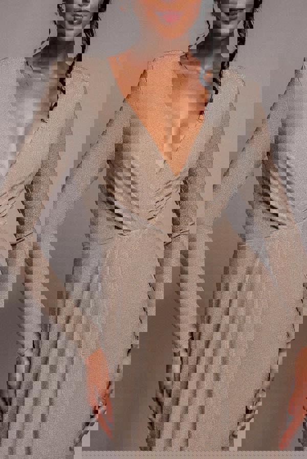 Plunge Neck Wrap Front Split Lurex Maxi Dress - Nude DR3314