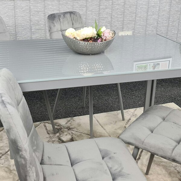 Kosy Koala Modern Rectangle Grey Glass Dining Table Set With 4 Grey Velvet Chairs Dining Room Furniture