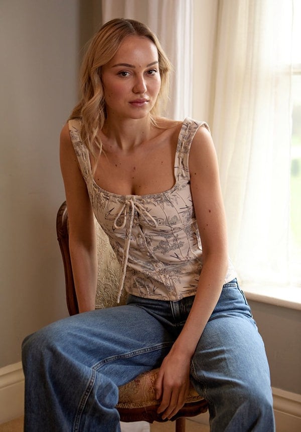 lifestyle image showing model wearing Hilda Corset Inspired Josephine Print Blouse In Cream