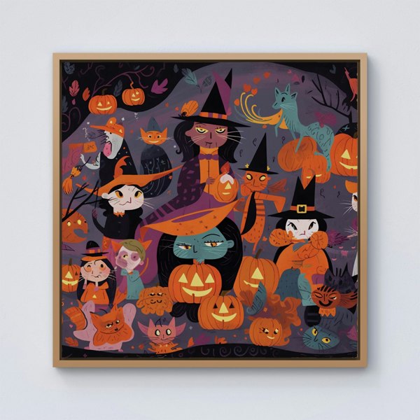 Warren Reed A Vibrant Illustration Of Witches And Pumpkin Framed Canvas