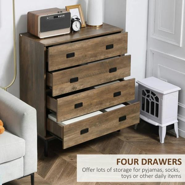 Brown four-drawer dresser with black handles and metal legs; drawers partly open