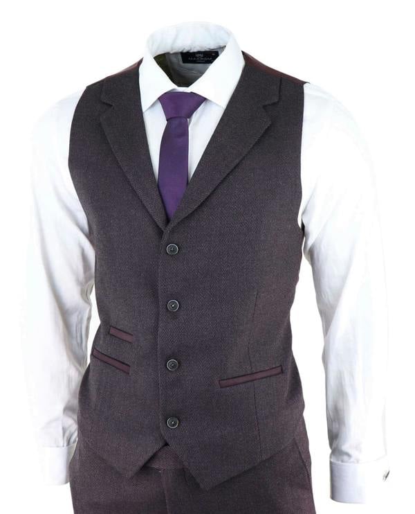 TruClothing Mens Purple Plum 3 Piece Tweed Herringbone Suit Peaky Blinders Classic Tailored