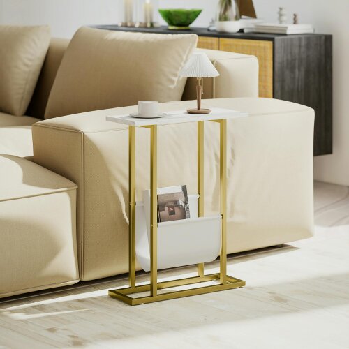 HOMCOM Narrow Side Table, End Table with Magazine Holder for Small Spaces - White - 45 x 18 cm - MDF, Steel