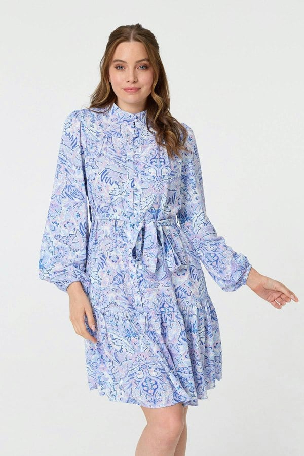 Blue | Printed High Neck Short Shirt Dress
