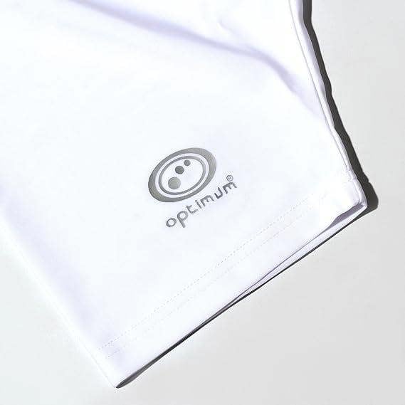 Close-up of white Optimum Multi-X shorts leg hem with grey Optimum logo - Optimum