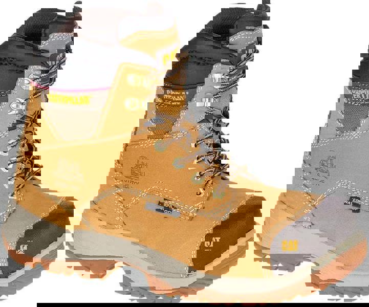 Caterpillar Spiro Mens Steel Toe/Midsole S3 Work Safety Boots, rugged tan leather construction with black accents, steel toe cap, waterproof design, and slip-resistant rubber outsole.