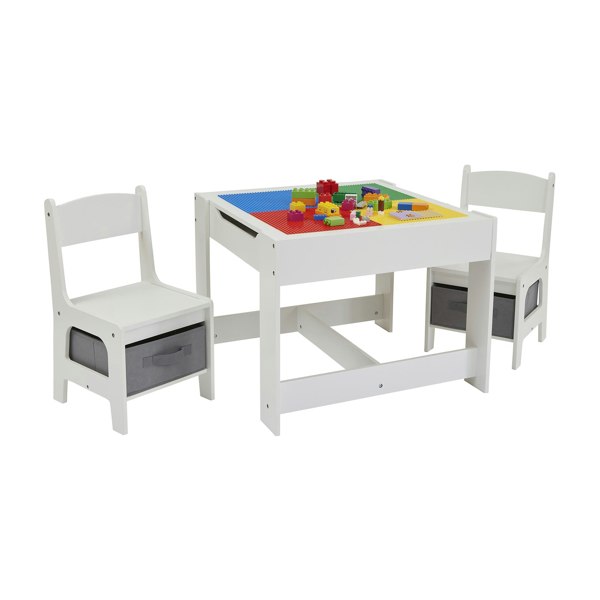 Liberty House Toys Kids Wooden Activity Table and Two Chairs with Grey Storage Bins