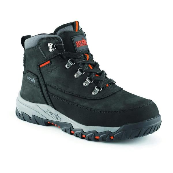 Scruffs Scarfell Mens Safety Steel Toe/Midsole Work Ankle Boots, durable black safety work boots with steel toe cap, cushioned ankle support, tactical lacing with metal hooks, and rugged rubber outsole for industrial safety.