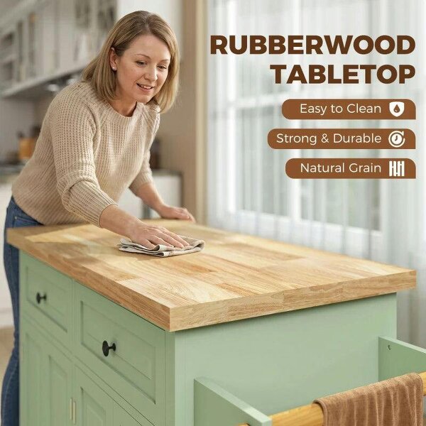 Rolling Kitchen Island Storage Trolley with Rubber Wood Top & Drawers for Dining Room, Light Green