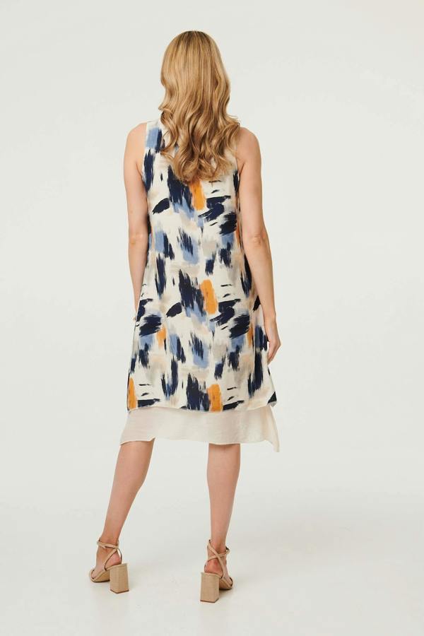 Blue | Brushstroke Print Knee Length Dress