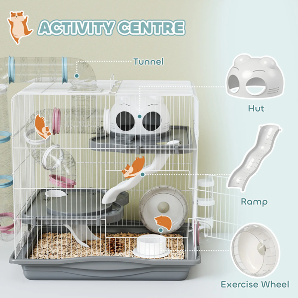 3-Tier Hamster Cage with Exercise Wheels, Water Bottle, Food Dish, for Dwarf Hamsters, 45 x 30 x 45 cm, Grey