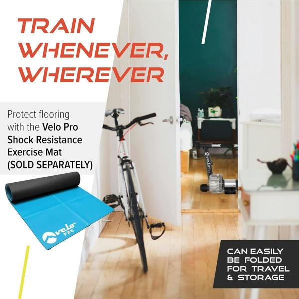 Black Velo Pro Fluid Turbo exercise mat with a sleek blue surface, designed to protect flooring, easily foldable for storage