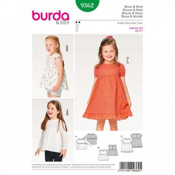 Burda Sewing Pattern 9362 Dresses, Skirts and Tops For Kids, 2-7 Years - Easy