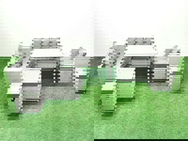 Fimous Rattan Garden Furniture Dining Set 11 Seater Lounge Sofa Chair Dining Table Set with 4 Footstools Light Grey Mixed