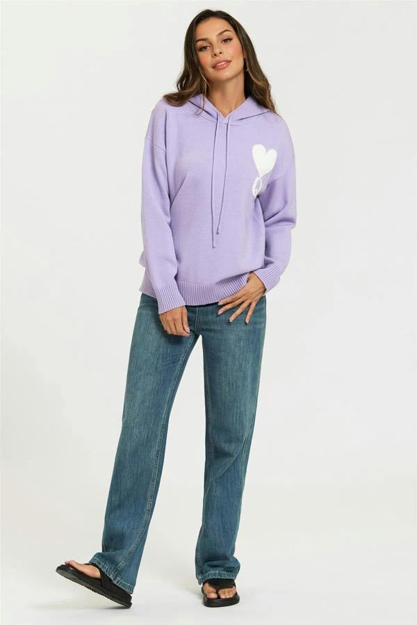 FS Collection Heart & Q Pattern Knitted Hoodie In Purple