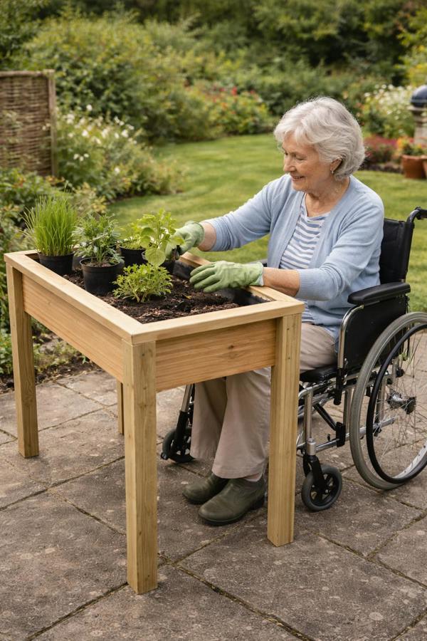 Elderly woman in wheelchair planting herbs in raised wooden garden trough