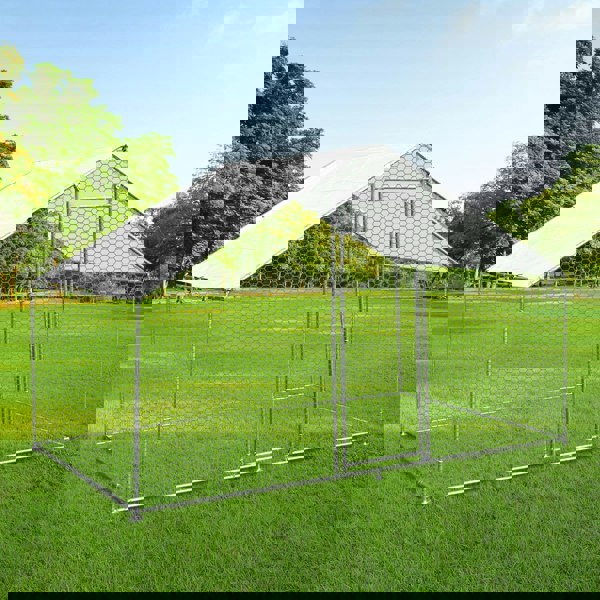 Spacious 3m x 2m x 2m chicken run with a sturdy galvanized frame, hexagonal wire mesh, and a sloped roof, set on green grass