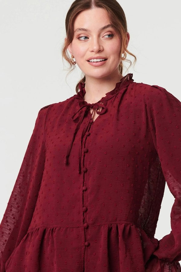 Burgundy | Textured Semi Sheer Frilled Blouse
