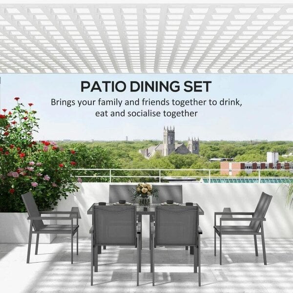 Seven-Piece Metal Dining Set with Glass-Top Table and Texteline Chairs - Grey