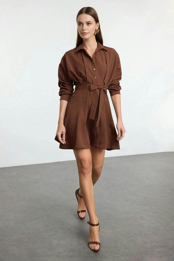 WOVCOR Mini Woven Shirt Dress with Belt Detail
