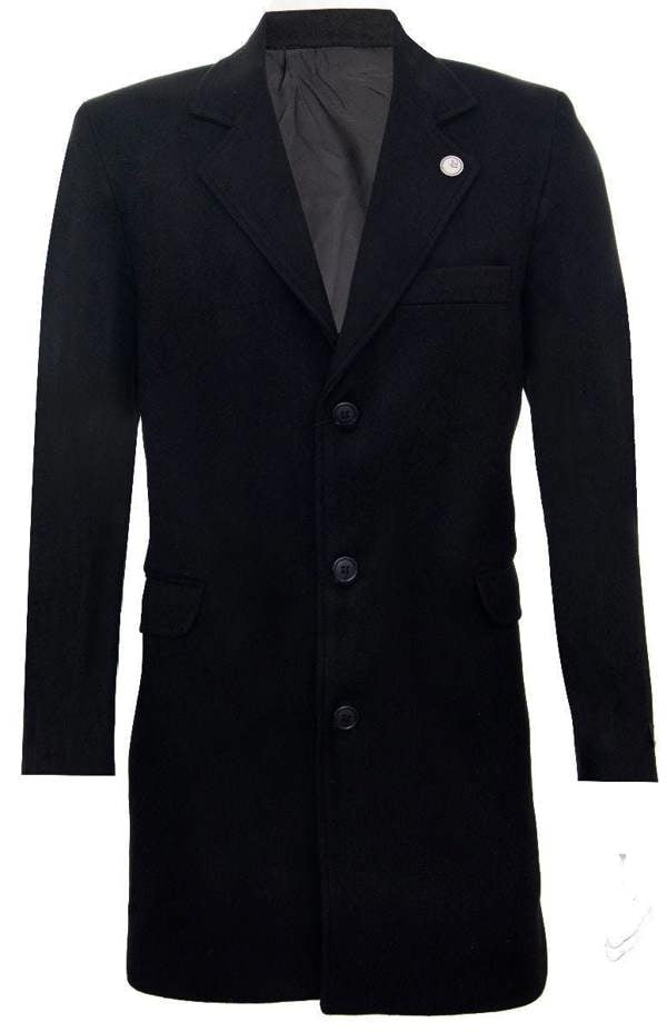 TruClothing Men's Long Black Wool Slim Fit Overcoat