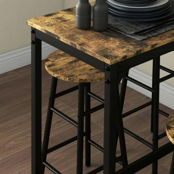 Rustic brown bar table top with black metal apron and a matching round bar stool