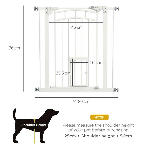 White pressure-fit stair gate with small cat door opening and overall size diagram.