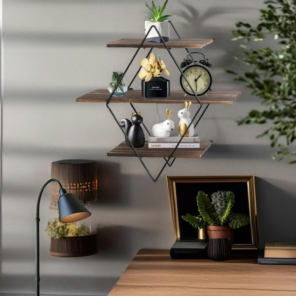 Rafaelo Mobilia Industrial 3 Tier Wooden Diamond Shape Floating Shelf