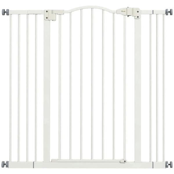 White pressure fit dog safety gate with vertical bars and wall brackets
