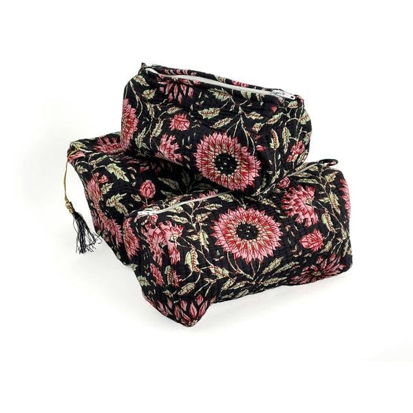Hayley & Co Black and Pink Floral Block Print Cotton Washbag, Make Up Bag, Pencil Case with Waterproof Lining - Pink Sunflower Print