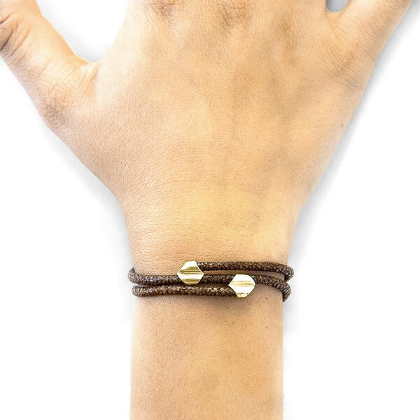 Anchor & Crew Mocha Brown Conway 9ct Yellow Gold and Stingray Leather Bracelet