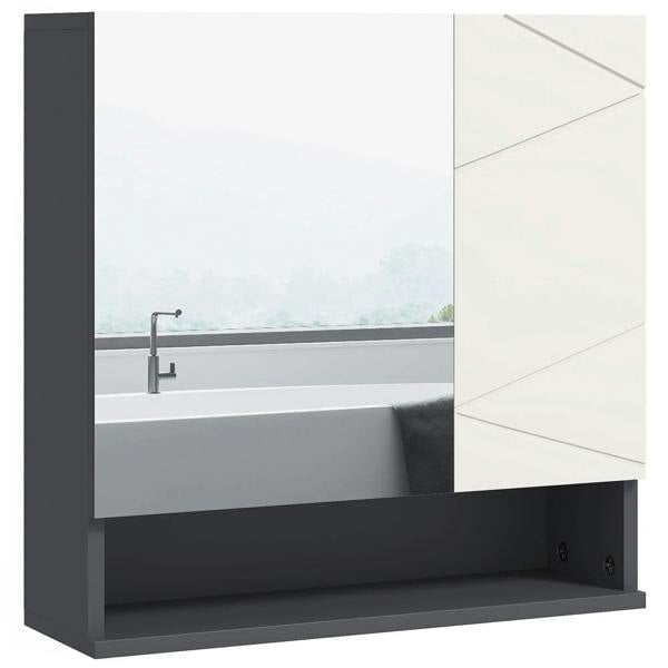 Light grey wall-mounted bathroom mirror cabinet with open shelf and internal storage