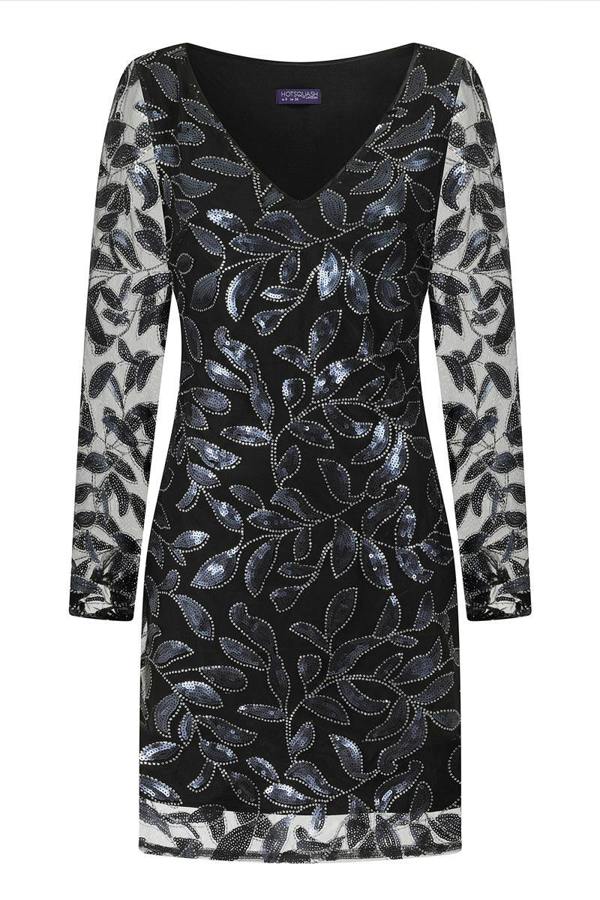 HotSquash Blouson Sleeved V Neck Sequin Dress