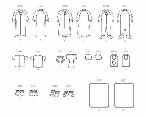 Butterick Sewing Pattern 6968, Jumpsuits, Tops, Headwear, Bibs, Shoes, Blankets for Baby, A (XXS-XS-S-M-L) - Easy