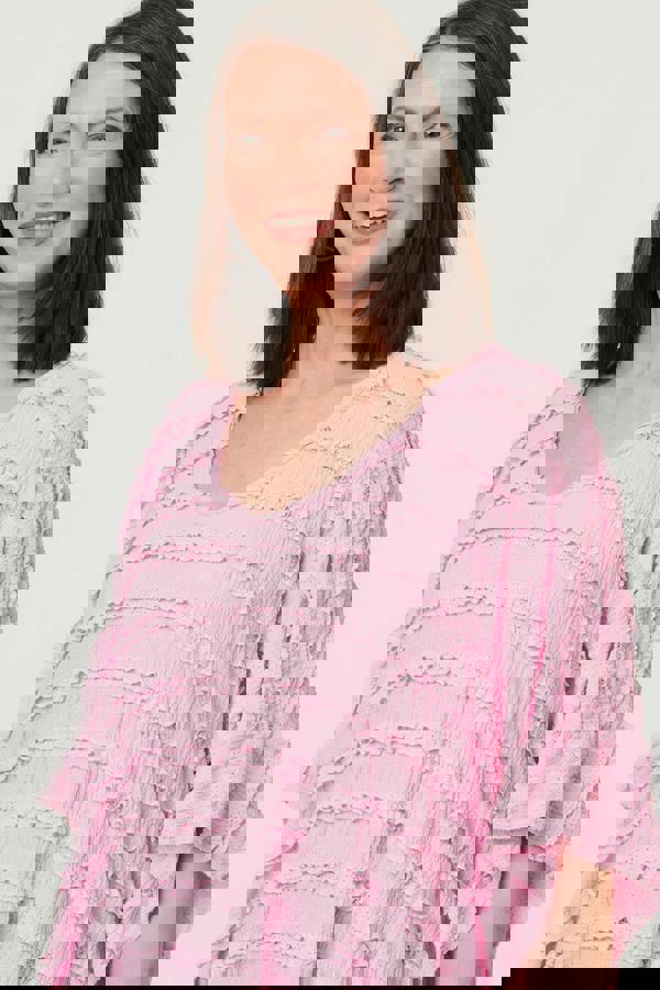 Pink | Textured 3/4 Batwing Sleeve Relaxed Top