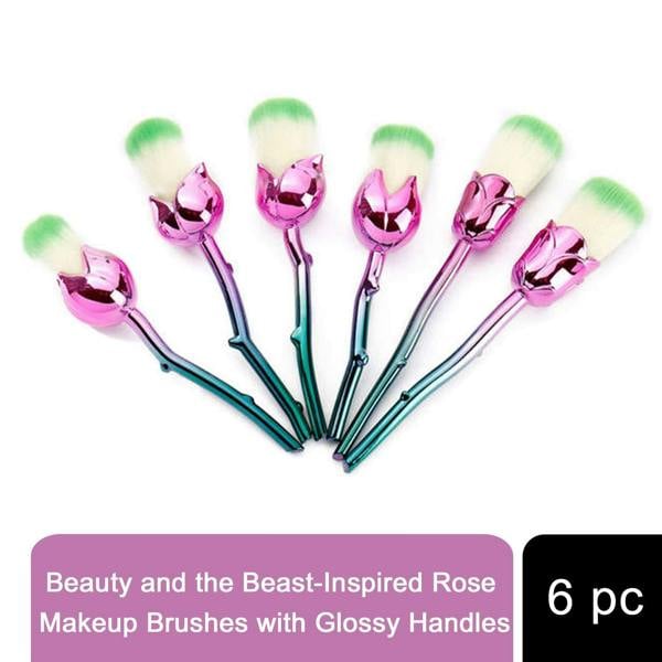 Aquarius 6pcs Rose Makeup Brush Set Pink Blue Flower Sculpted Handle Cosmetic Tool Kit