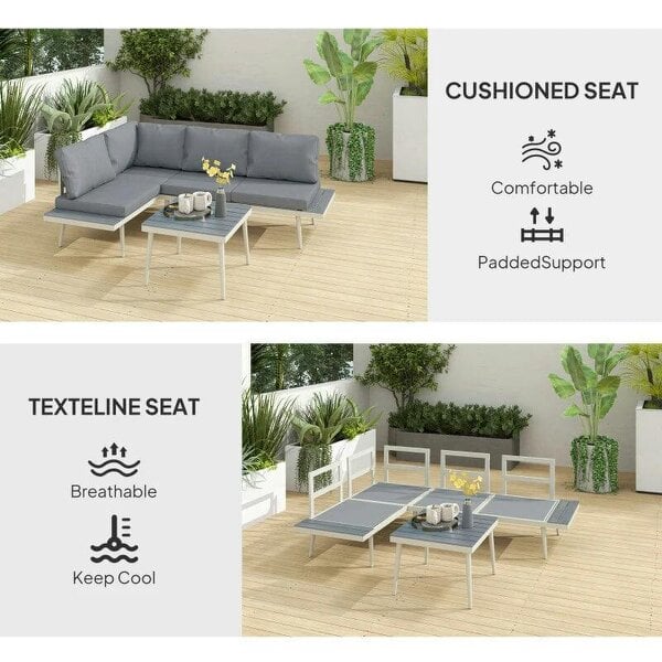 Bobobiy 3 Piece Garden Set with 5-Level Adjustable Lounger, L Shaped Garden Corner Sofa with Cushions, Slatted Wood-Grain Table, Grey