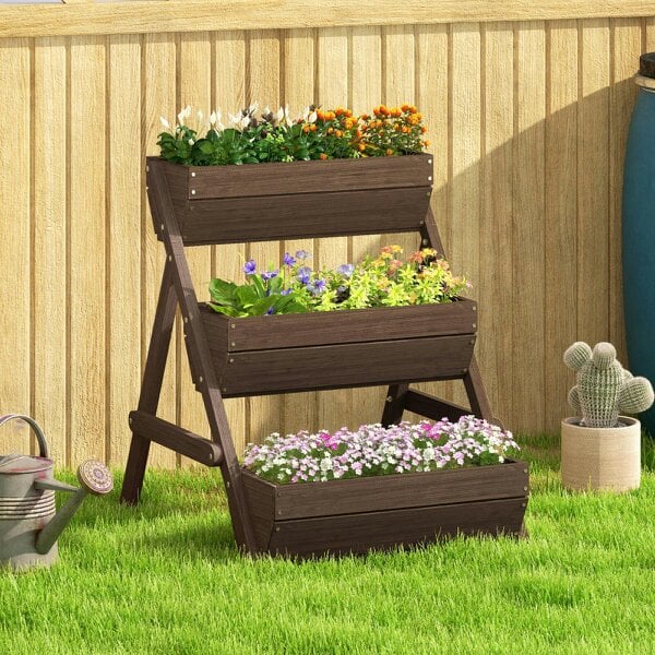 Outsunny 3 Tier Raised Garden Bed Wooden Elevated Planter Box Kit, Brown