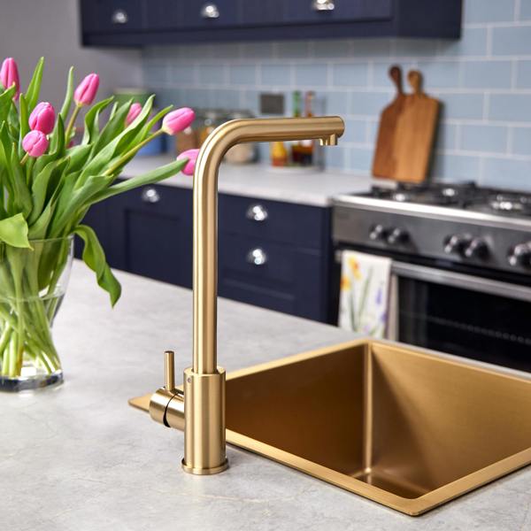 Flode Mjörn | Single Lever Kitchen Sink Mixer Tap with Swivel Spout | L Neck Design | Brushed Brass Finish