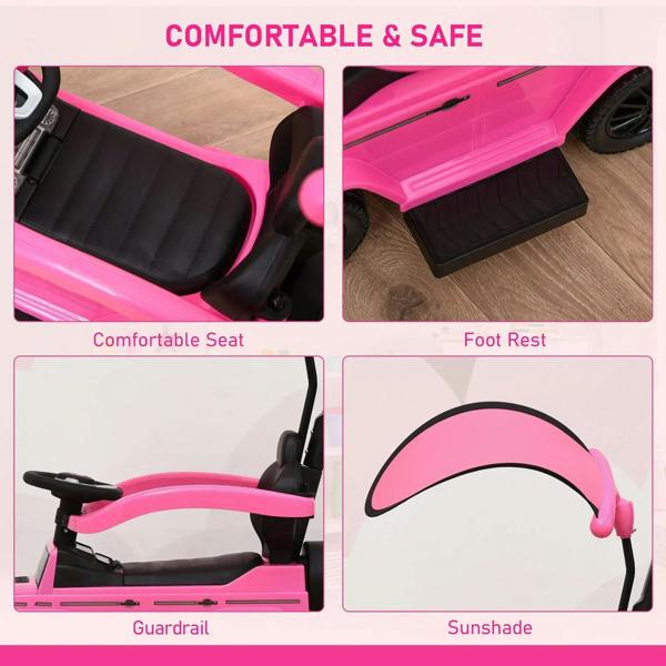 Pink kids ride-on push car with black seat, guardrail, and footrest