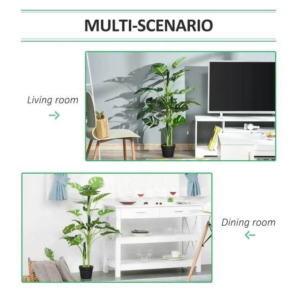 Artificial monstera tree in black pot styled for indoor living spaces
