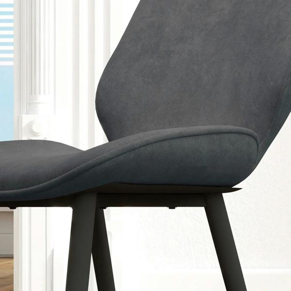 Grey velvet chair back and seat seam with black frame legs