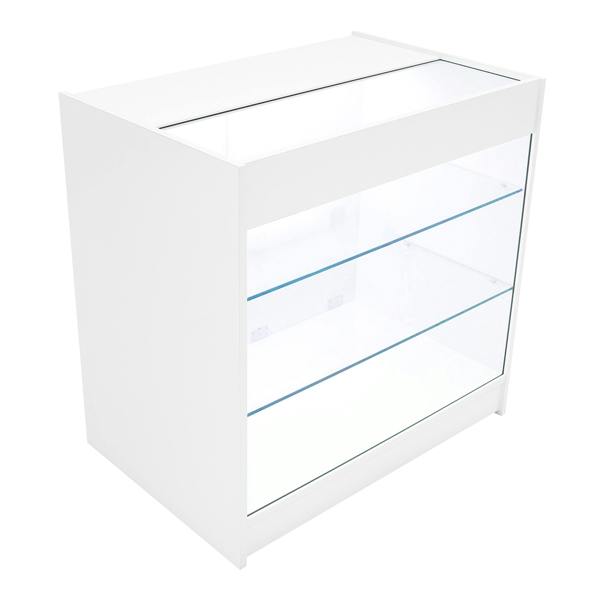 Polaris LED Shop Counter Set in white with glass shelves, sleek design, and modern finish, ideal for retail display and organization